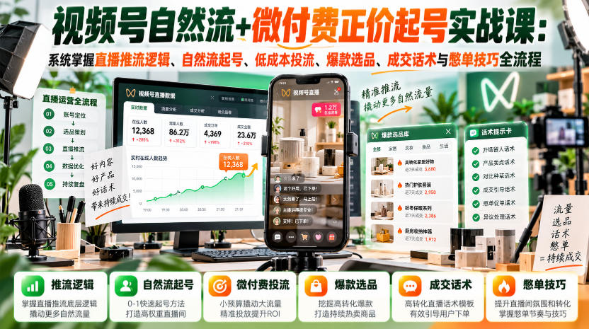 视频号自然流+微付费正价起号实战课：系统掌握直播推流逻辑、自然流起号、低成本投流、爆款选品、成交话术与憋单技巧全流程-橙心云网创