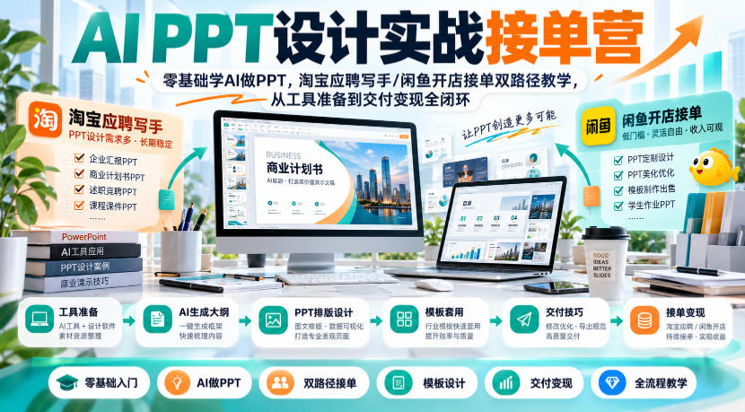 AI PPT设计实战接单营｜零基础学AI做PPT，淘宝应聘写手/闲鱼开店接单双路径教学，从工具准备到交付变现全闭环-橙心云网创