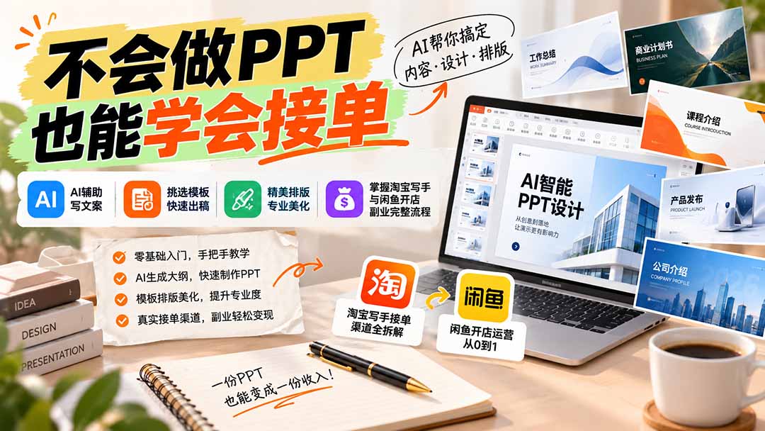 不会做PPT也能学会接单：AI辅助写文案、挑模板、做排版，掌握淘宝写手与闲鱼开店副业完整流程-橙心云网创
