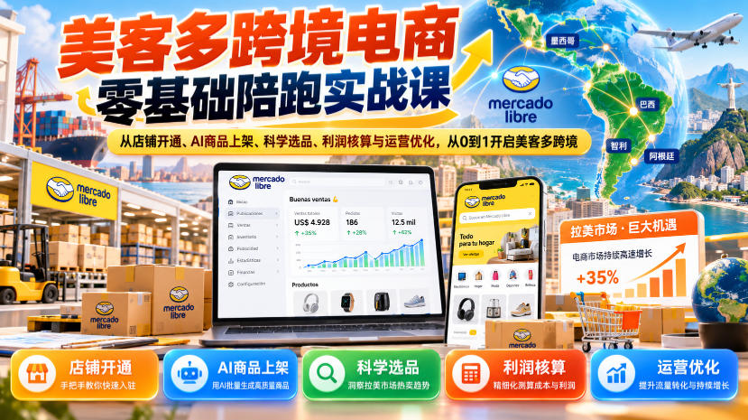 美客多跨境电商零基础陪跑实战课：从店铺开通、AI商品上架、科学选品、利润核算与运营优化，从0到1开启美客多跨境-橙心云网创