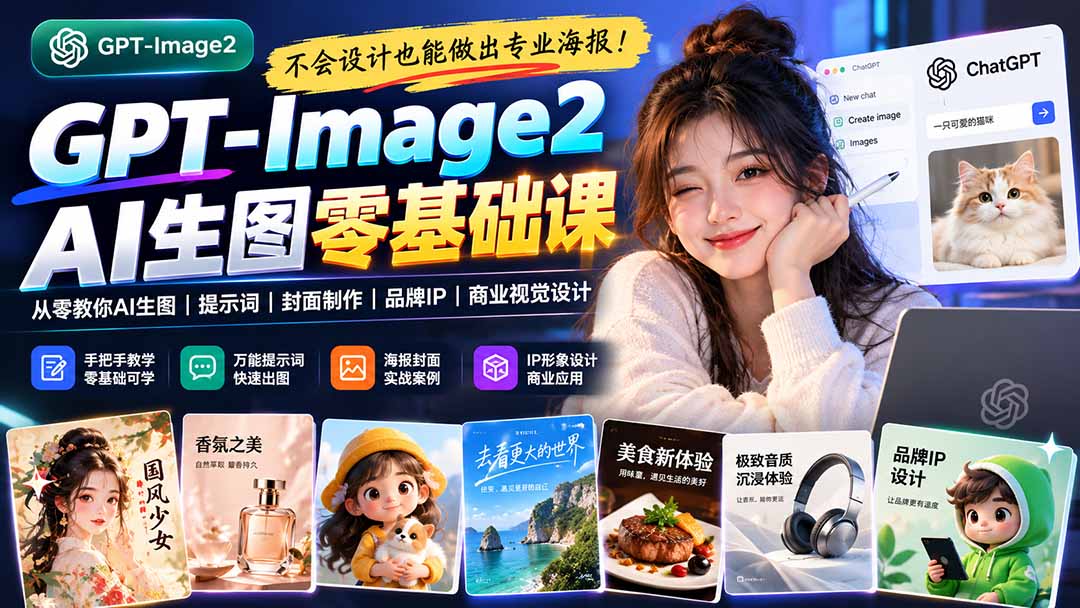 不会设计也能做出专业海报！GPT-Image2从零教你AI生图、提示词、封面制作、品牌IP与商业视觉设计-橙心云网创