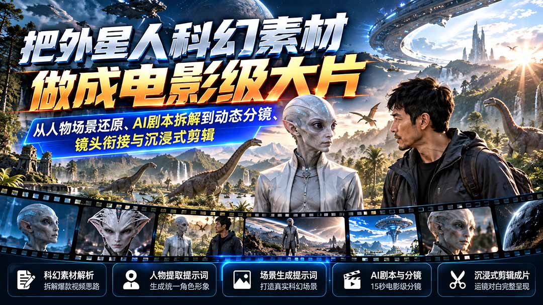 把外星人科幻素材做成电影级大片：从人物场景还原、AI剧本拆解到动态分镜、镜头衔接与沉浸式剪辑-橙心云网创