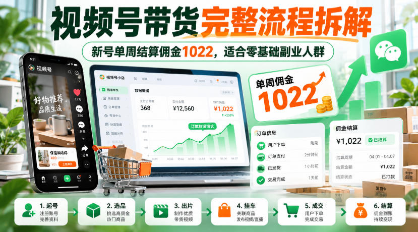 视频号带货完整流程拆解，新号单周结算佣金1022，适合零基础副业人群-橙心云网创