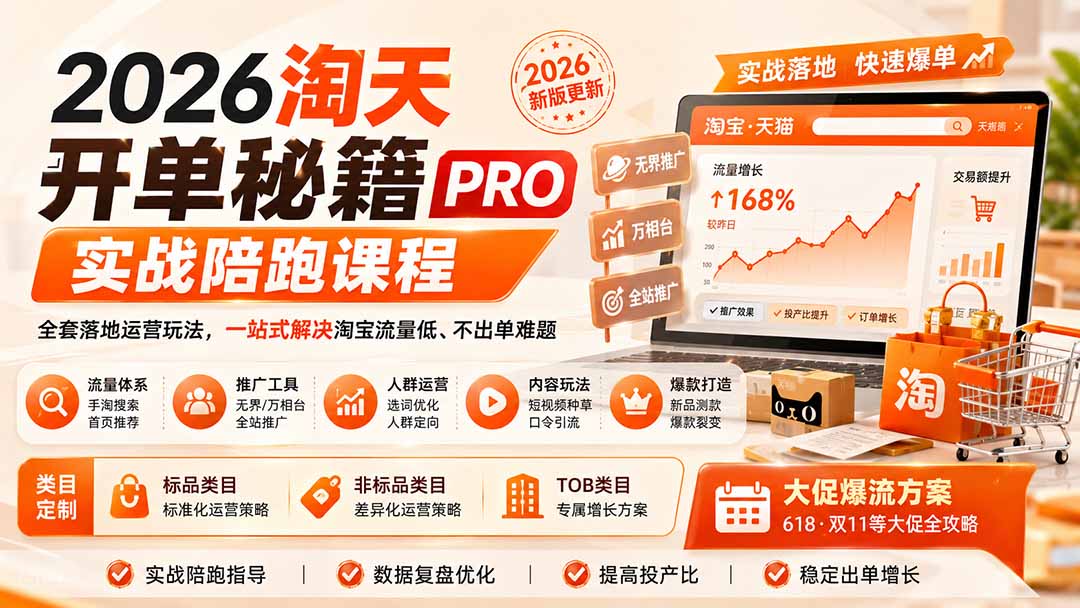 2026淘天开单秘籍PRO实战陪跑课程-更新1012：全套落地运营玩法，一站式解决淘宝流量低、不出单难题-橙心云网创