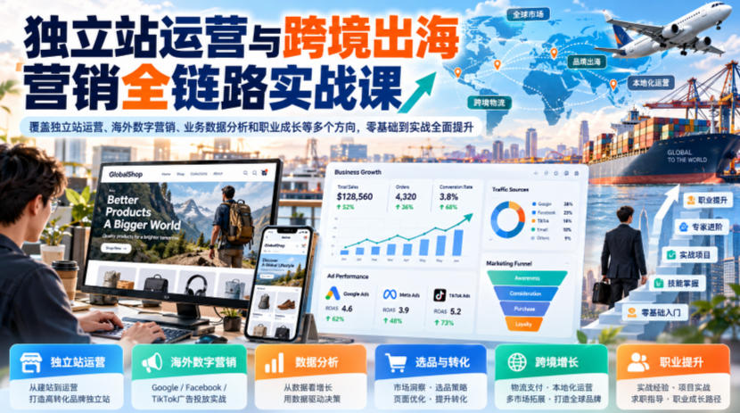独立站运营与跨境出海营销全链路实战课，覆盖独立站运营、海外数字营销、业务数据分析和职业成长等多个方向，零基础到实战全面提升-橙心云网创