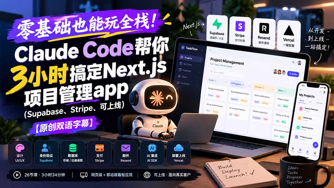 零基础也能玩全栈!Claude Code帮你3小时搞定Next.js项目管理app(Supabase、Stripe、可上线-橙心云网创