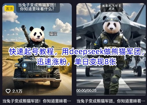 快速起号教程，用deepseek做熊猫军团，迅速涨粉，单日变现8张-橙心云网创