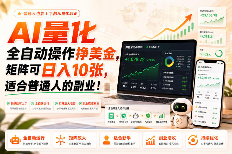AI量化全自动操作挣美金，矩阵可日入10张，适合普通人的副业！【揭秘】-橙心云网创