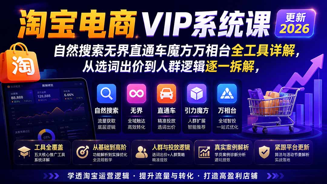 淘宝电商VIP系统课-更新8月；自然搜索无界直通车魔方万相台全工具详解，从选词出价到人群逻辑逐一拆解-橙心云网创