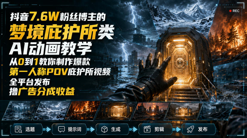 抖音7.6W粉丝博主的梦境庇护所类AI动画教学，从0到1教你制作爆款第一人称POV庇护所视频，全平台发布撸广告分成收益-橙心云网创