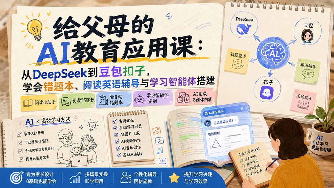 给父母的AI教育应用课:从DeepSeek到豆包扣子,学会错题本、阅读英语辅导与学习智能体搭建-橙心云网创
