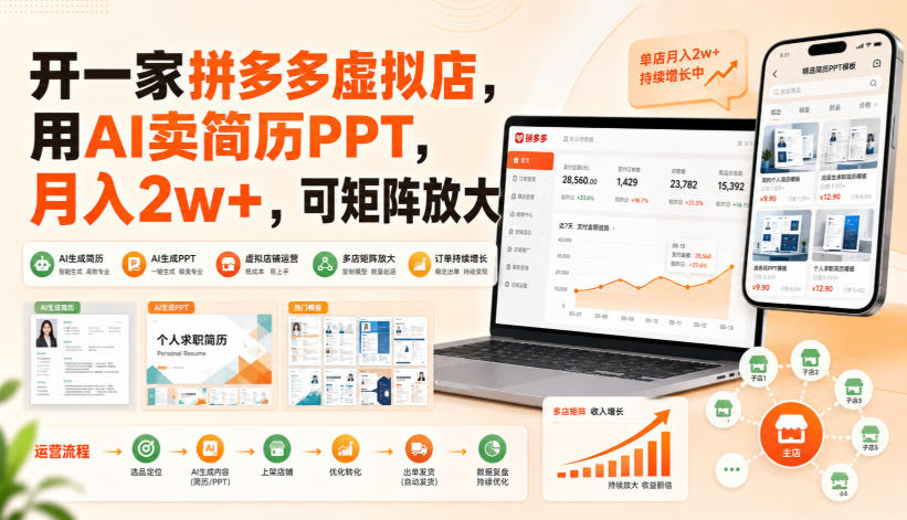开一家拼多多虚拟店，用AI卖简历PPT，月入2w+，可矩阵放大【揭秘】-橙心云网创
