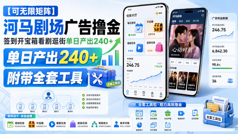 【可无限矩阵】河马剧场广告撸金，签到开宝箱看剧逛街单日产出240+，附带全套工具【揭秘】-橙心云网创