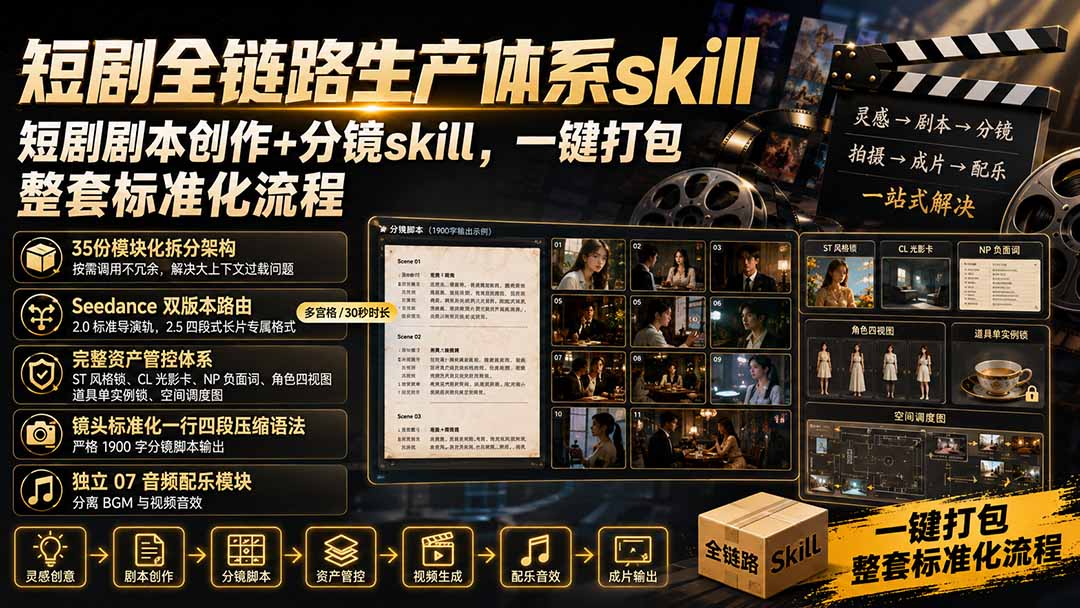 短剧全链路生产体系skill,短剧剧本创作+分镜skill,一键打包,整套标准化流程-橙心云网创