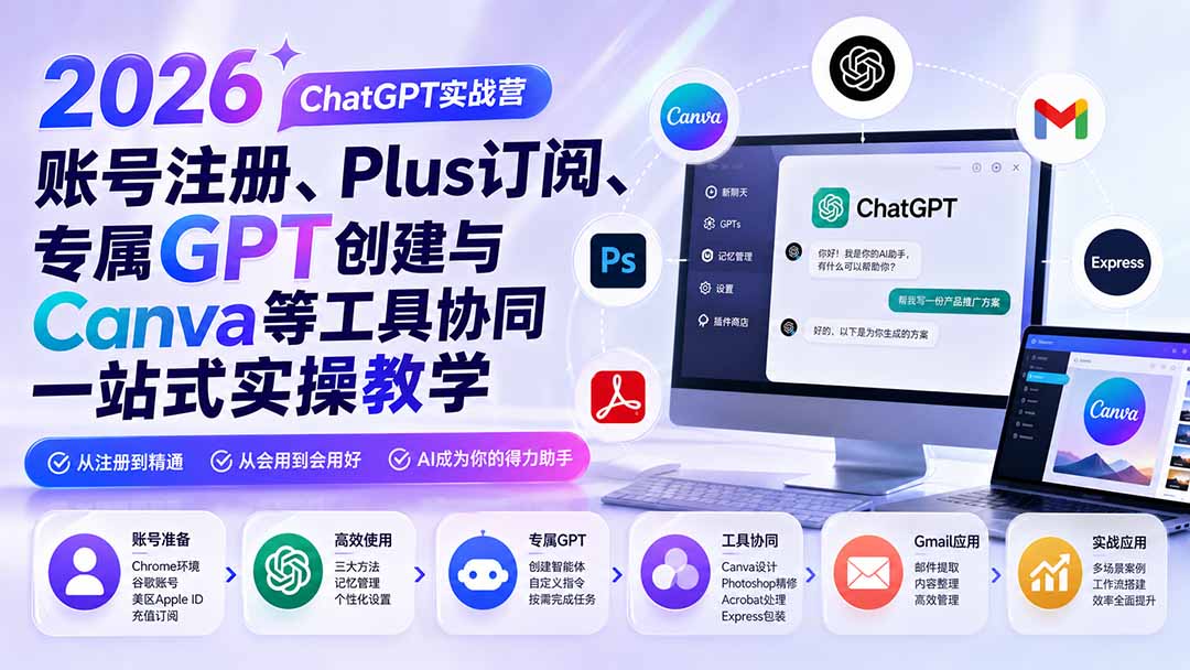2026 ChatGPT实战营；账号注册、Plus订阅、专属GPT创建与Canva等工具协同一站式实操教学-橙心云网创