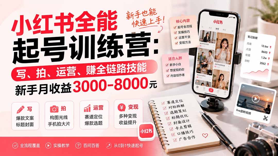 小红书全能起号训练营-更新：写、拍、运营、赚全链路技能，新手月收益3000-8000元-橙心云网创