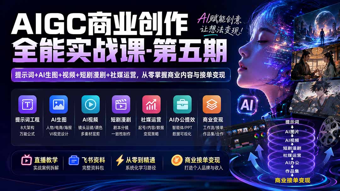 AIGC商业创作全能实战课-第五期：提示词+AI生图+视频+短剧漫剧+社媒运营，从零掌握商业内容与接单变现-橙心云网创