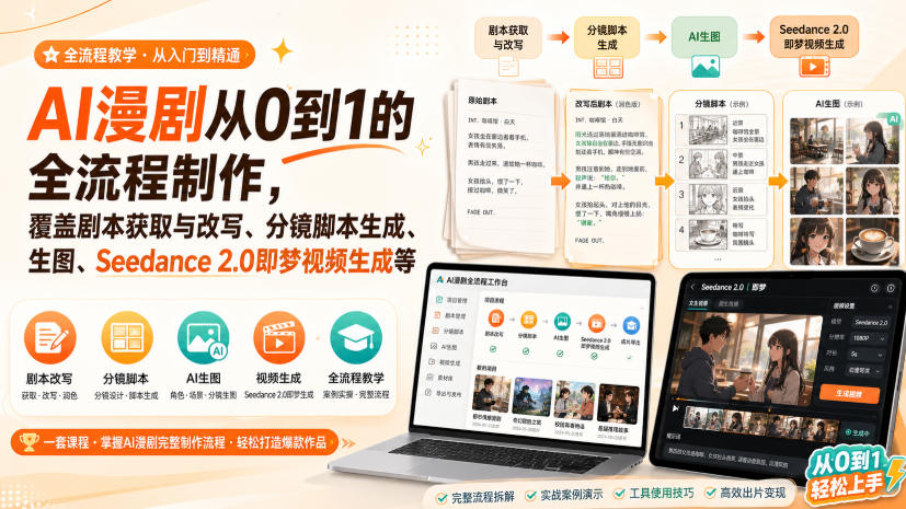 AI漫剧从0到1的全流程制作，覆盖剧本获取与改写、分镜脚本生成、角色场景生图与三视图、Seedance 2.0即梦视频生成(PDF版)-橙心云网创
