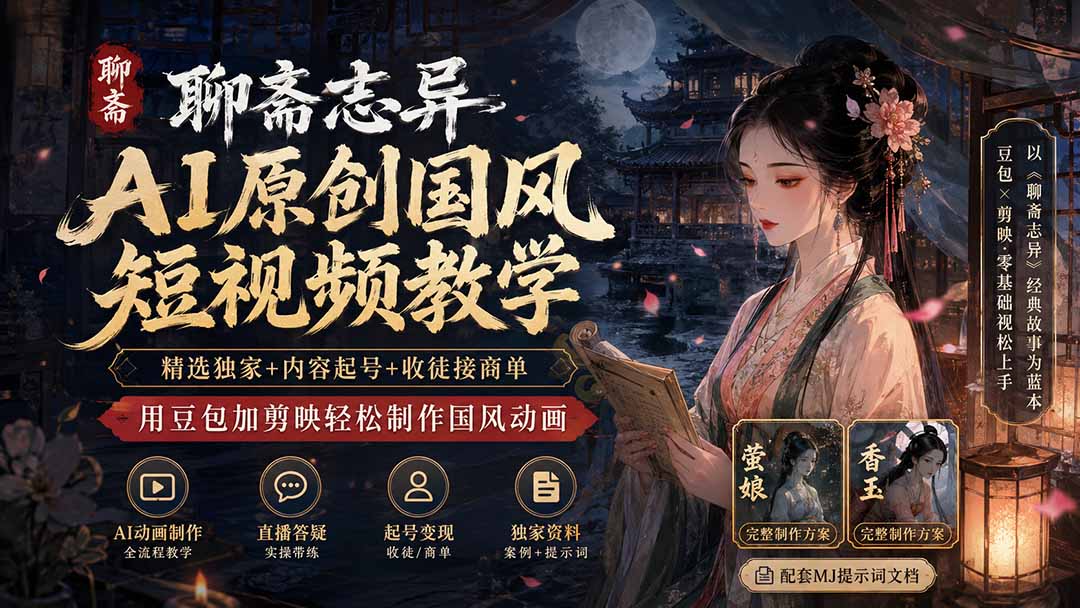 聊斋志异AI原创国风短视频教学-更新；精选独家+内容起号+收徒接商单，用豆包加剪映轻松制作国风动画-橙心云网创
