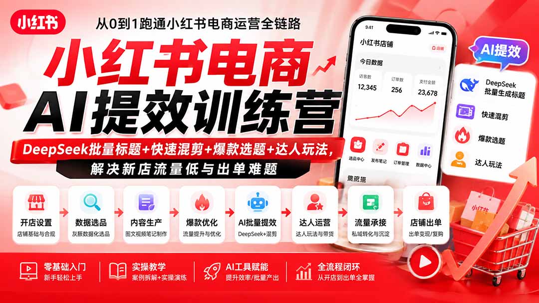 小红书电商AI提效训练营—DeepSeek批量标题+快速混剪+爆款选题+达人玩法，解决新店流量低与出单难题-橙心云网创