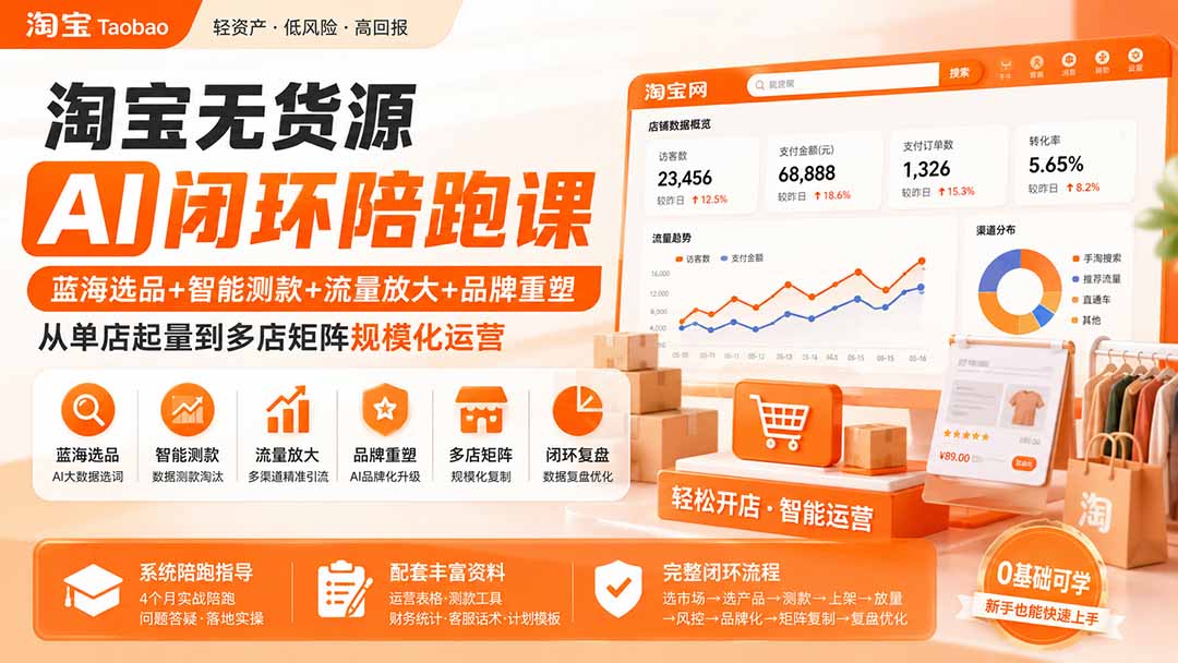 淘宝无货源AI闭环陪跑课：蓝海选品+智能测款+流量放大+品牌重塑，从单店起量到多店矩阵规模化运营-橙心云网创