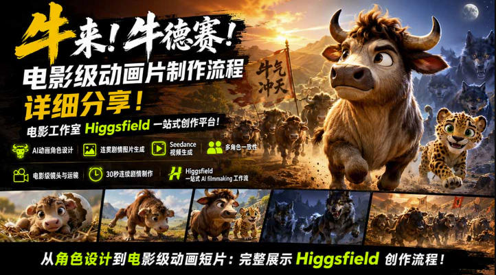牛来！牛德赛！电影级动画片制作流程详细分享！电影工作室Higgsfield一站式创作平台，完整创作流程-橙心云网创