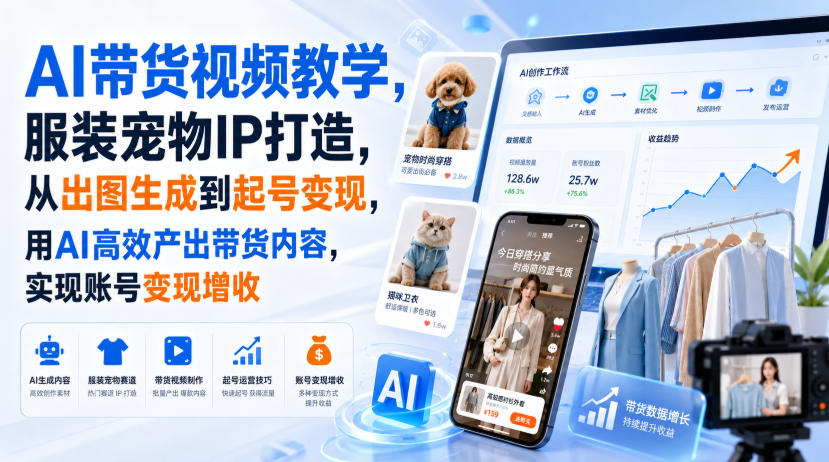 AI带货视频教学，服装宠物IP打造，从出图生成到起号变现，用AI高效产出带货内容，实现账号变现增收-橙心云网创
