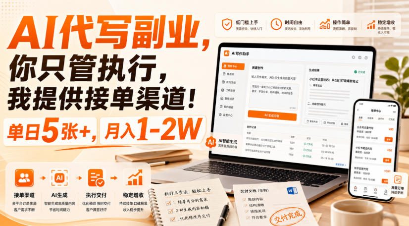 AI代写副业，你只管执行，我提供接单渠道！单日5张+，月入1-2W【揭秘】-橙心云网创