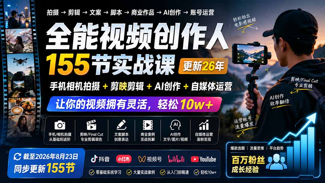 全能视频创作人155节实战课-更新26年8月：手机相机拍摄+剪映剪辑+AI创作+自媒体运营，让你的视频拥有灵活，轻松10w-橙心云网创
