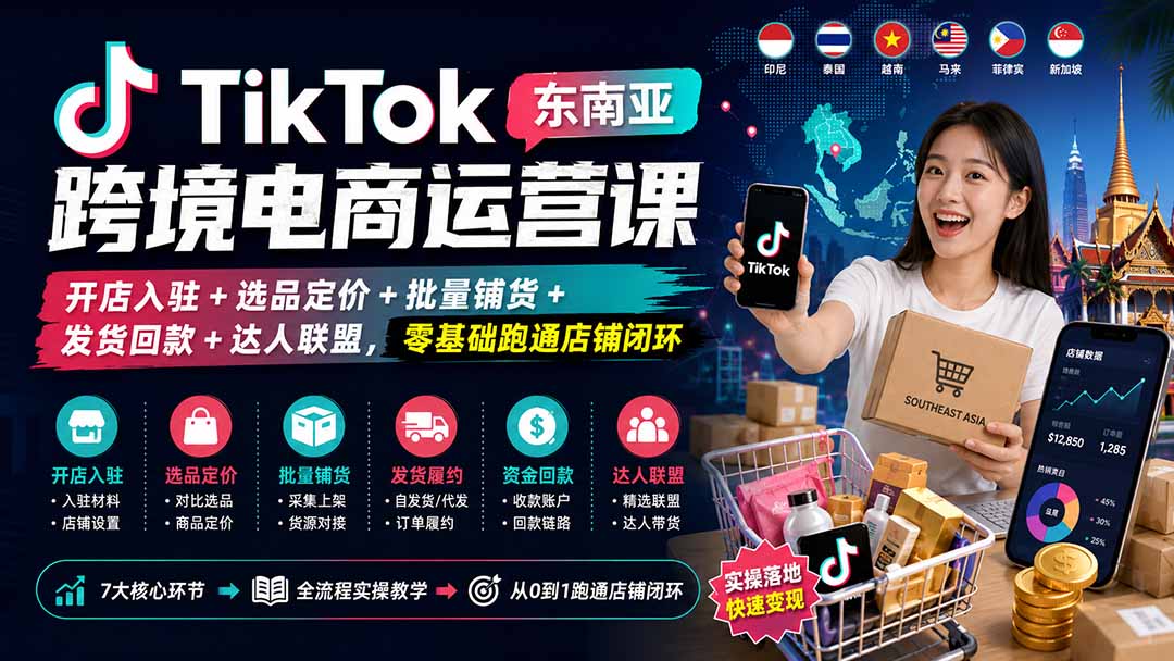 TikTok东南亚跨境电商运营课：开店入驻+选品定价+批量铺货+发货回款+达人联盟，零基础跑通店铺闭环-橙心云网创