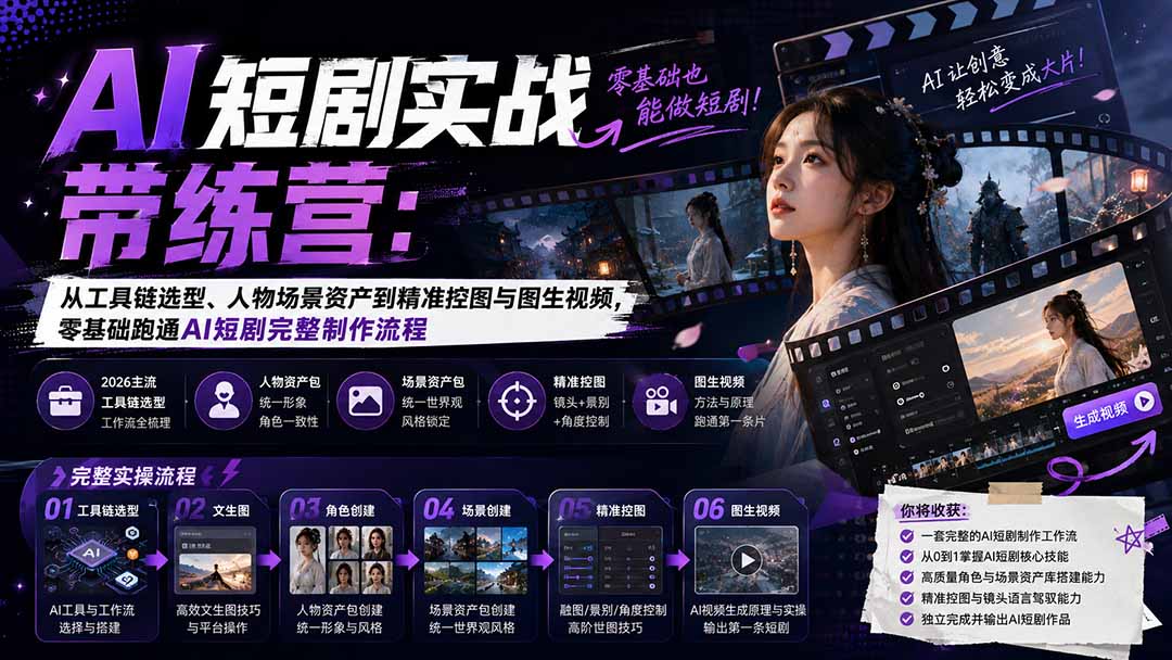 AI短剧实战训练营:从工具链选型、人物场景资产到精准控图与图生视频,零基础跑通AI短剧完整制作流程-橙心云网创
