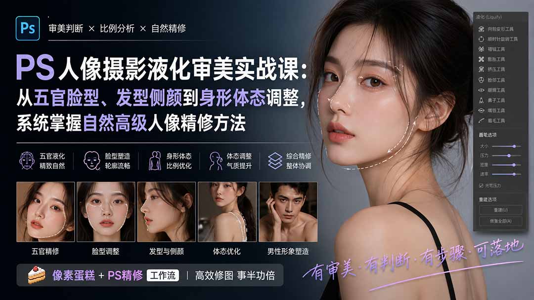 PS人像摄影液化审美实战课：从五官脸型、发型侧颜到身形体态调整，系统掌握自然高级人像精修方法-橙心云网创