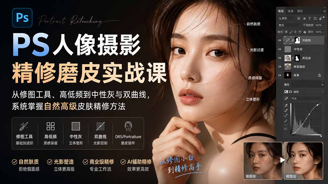 PS人像摄影精修磨皮实战课：从修图工具、高低频到中性灰与双曲线，系统掌握自然高级皮肤精修方法-橙心云网创