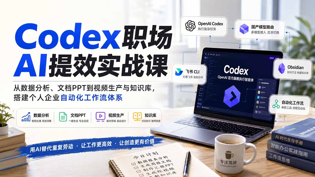 Codex职场AI提效实战课:从数据分析、文档PPT到视频生产与知识库,搭建个人企业自动化工作流体系-橙心云网创