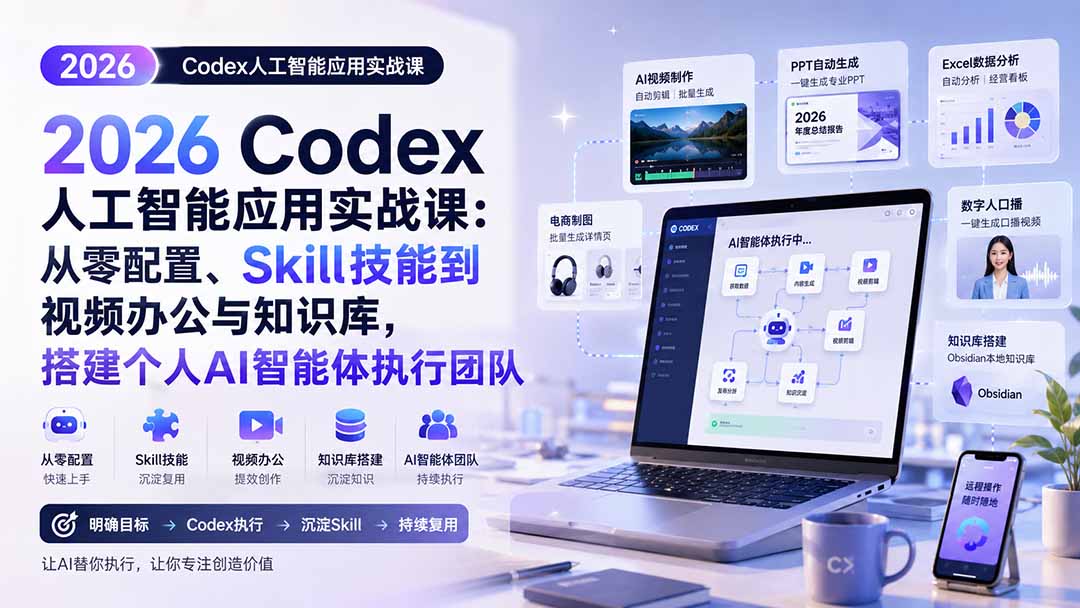 2026 Codex人工智能应用实战课:从零配置、Skill技能到视频办公与知识库,搭建个人AI智能体执行团队-橙心云网创