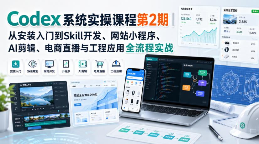 Codex系统实操课程第2期｜从安装入门到Skill开发、网站小程序、AI剪辑、电商直播与工程应用全流程实战-橙心云网创