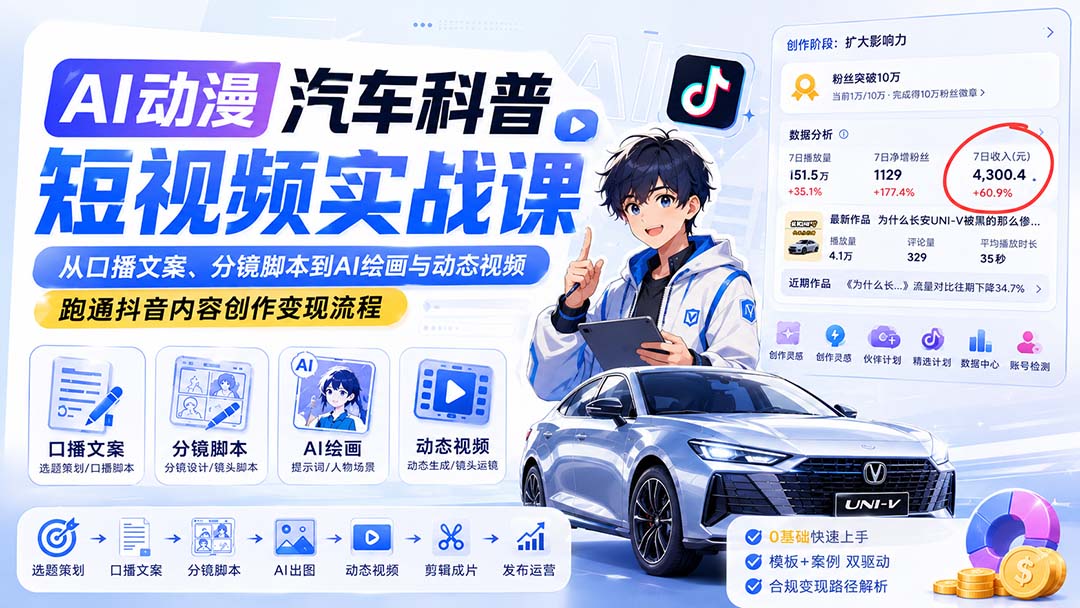 AI动漫汽车科普短视频实战课：从口播文案、分镜脚本到AI绘画与动态视频，跑通抖音内容创作变现流程-橙心云网创