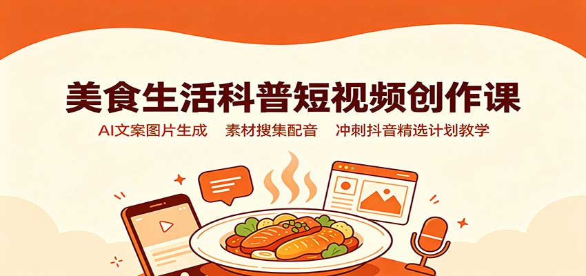 美食生活科普短视频创作课：AI文案图片生成，素材搜集配音，冲刺抖音精选计划教学-橙心云网创