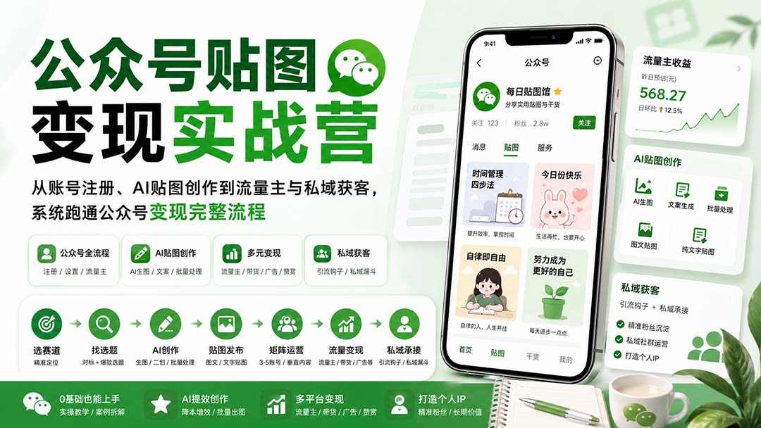 公众号贴图变现实战营：从账号注册、AI贴图创作到流量主与私域获客，系统跑通公众号变现完整流程-橙心云网创