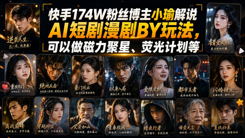 快手174W粉丝博主小瑜解说AI短剧漫剧搬运玩法，可以做磁力聚星、荧光计划等-橙心云网创