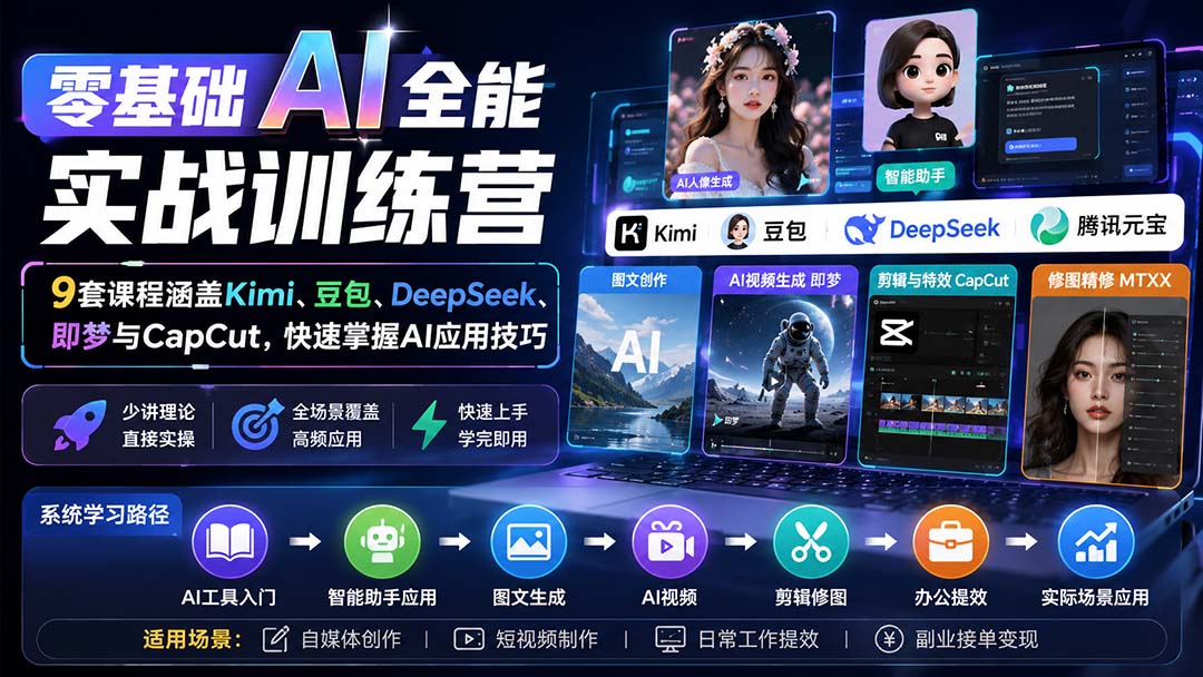 零基础AI全能实战训练营：9套课程涵盖Kimi、豆包、DeepSeek、即梦与CapCut，快速掌握AI应用技巧-橙心云网创