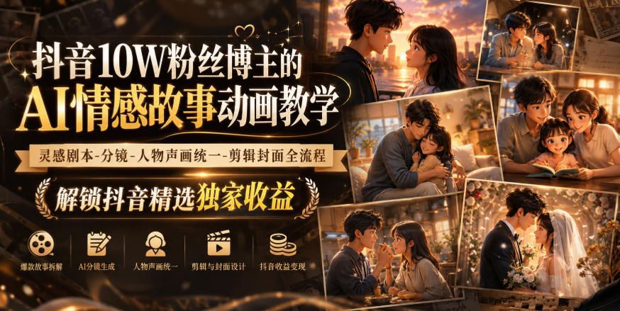 抖音10W粉丝博主的AI情感故事动画教学，灵感剧本‑分镜‑人物声画统一‑剪辑封面全流程，解锁抖音精选独家收益-橙心云网创