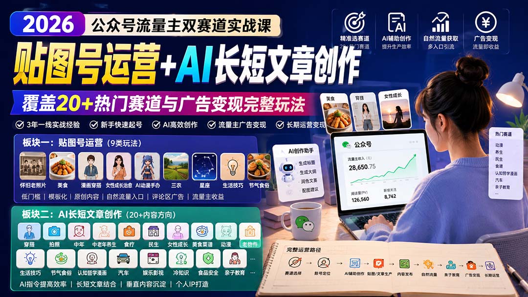 公众号流量主双赛道实战课：贴图号运营+AI长短文章创作，覆盖20+热门赛道与广告变现完整玩法-橙心云网创
