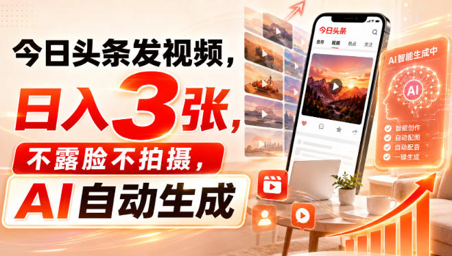 今日头条发视频，日入3张，不露脸不拍摄，AI自动生成-橙心云网创