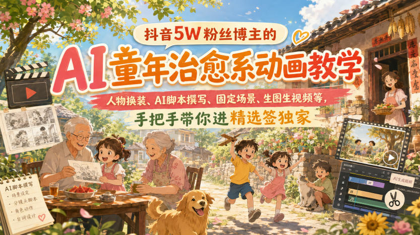 抖音5W粉丝博主的AI童年治愈系动画教学，人物换装、AI脚本撰写、固定场景、生图生视频等，手把手带你进精选签独家-橙心云网创