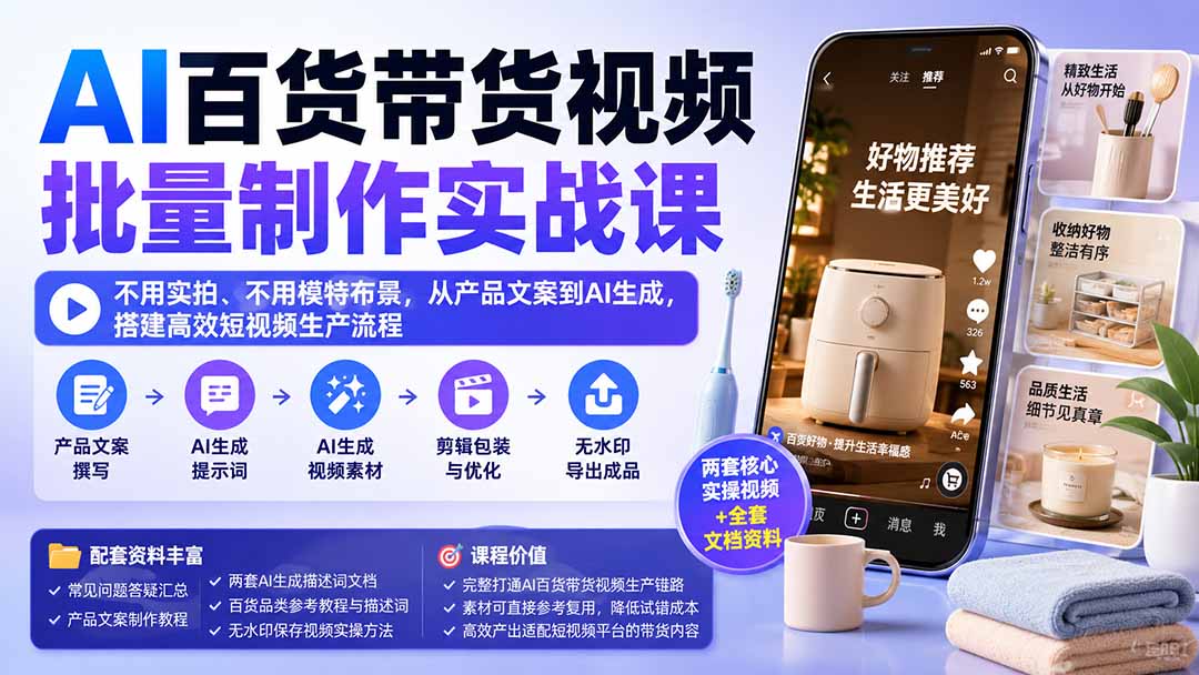 AI百货带货视频批量制作实战课：不用实拍、不用模特布景，从产品文案到AI生成，搭建高效短视频生产流程-橙心云网创