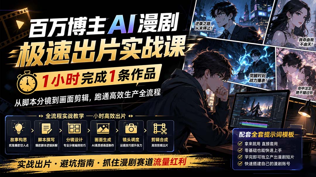 百万博主AI漫剧极速出片实战课：1小时产出条作品，从脚本分镜到画面剪辑，跑通高效生产全流程-橙心云网创