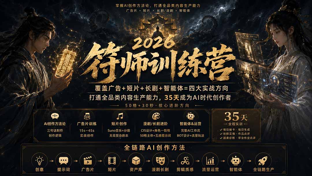 符师训练营-35天成为AI时代创作者，广告+短片+漫剧+智能体四大实战方向，掌握从创意到上线的完整工作流-橙心云网创