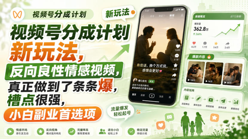 视频号分成计划新玩法，反向良性情感视频，真正做到了条条爆，槽点很强，小白副业首选项-橙心云网创