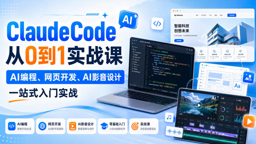 Claude Code从0到1实战课，AI编程、网页开发、AI影音设计一站式入门实战(更新)-橙心云网创